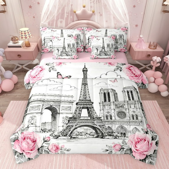 Castle Fairy Vintage Paris Eiffel Tower Twin Bedding Sets 7-Piece for Teens Girls Female,Romantic Floral Pink Rose Bedding Comforter Set Microfiber,Happy Valentine's Day Breathable Sheet Sets