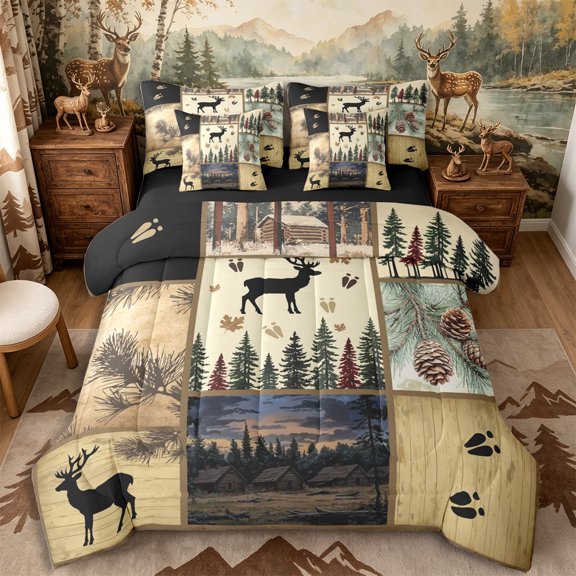 Castle Fairy Vintage Patchwork Deer Paw Pine Queen Bedding 7pcs,Rustic Cabin Bedding Comforter Set Queen,Sepia Brown Cream,Black Reversible
