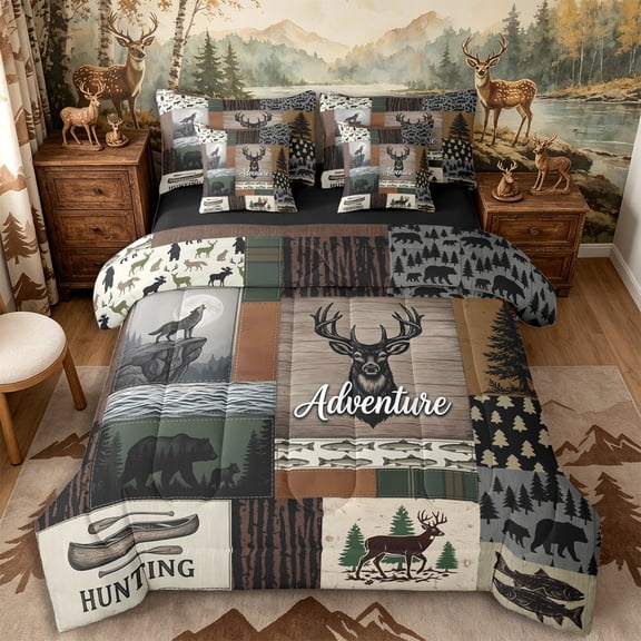 Castle Fairy Vintage Patchwork Outdoor Hunting Full Size Bedding Sets 7 Pieces,Wolf Bear Deer Pine Canoe Fish Plaid Full Size Bed in a Bag,Brown Green Cream,Black Reversible