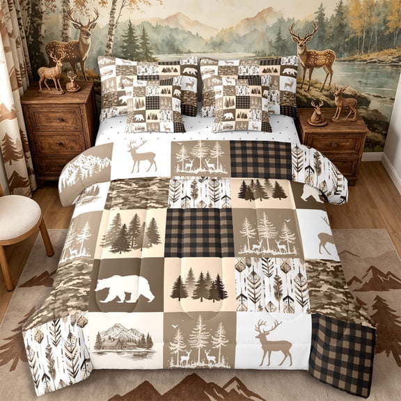 Castle Fairy Vintage Patchwork Western Wildlife 7-Piece Twin Bedding,Plaid Camo Feather Bear Deer Bedding Comforter Set,Brown Beige Cream,Reversible