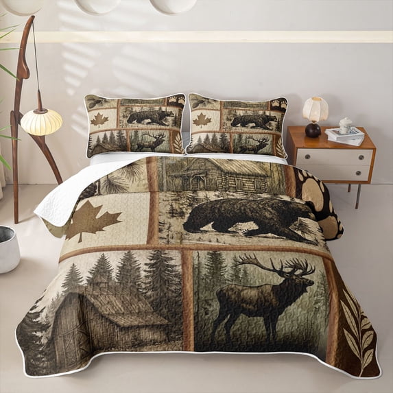 Castle Fairy Vintage Patchwork Wildlife Twin Quilt Set,Bear Elk Maple Pine Twin Coverlet Set,Sepia Beige