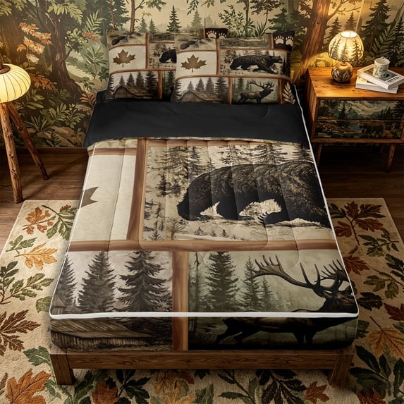 Castle Fairy Vintage Patchwork Wildlife Zipper Queen Comforter Set with Fitted Sheet and 2 Pillowcases,Bear Elk Maple Pine Zipper Bedding Set,Sepia Beige,Black Reversible,4 Pieces