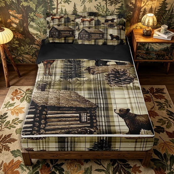 Castle Fairy Vintage Plaid Cabin Elk Bear Zipper Full Size Comforter Sets with Fitted Sheet and 2 Pillowcases,Pine Cone Spruce Zipper Bedding Set,Cream Olive Brown,Black Reversible,4pcs