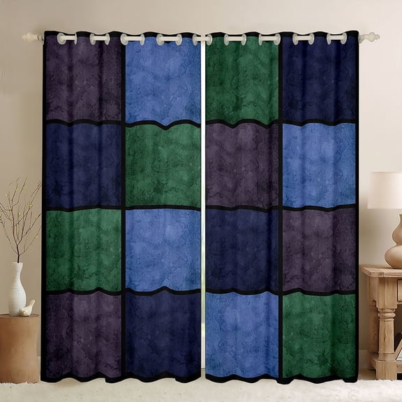 Castle Fairy Vintage Plaid Checkered Black Out Curtains for Kids Teens Adults,Retro Aesthetic Geometric Grid Curtains Pack of 2 (42x63 Each),Minimalist Mid Century Bedroom Curtains Room Decor