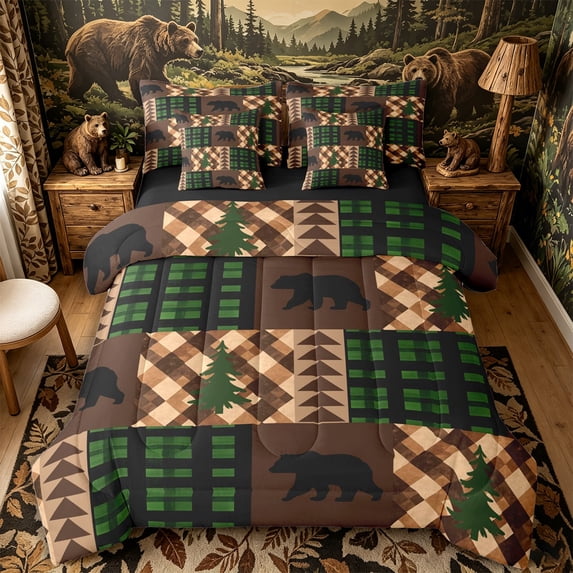 Castle Fairy Vintage Plaid Patchwork Queen Bedding 7pcs,Jungle Animal Bear Bedding Comforter Set Queen,Green Brown Cream,Black Reversible
