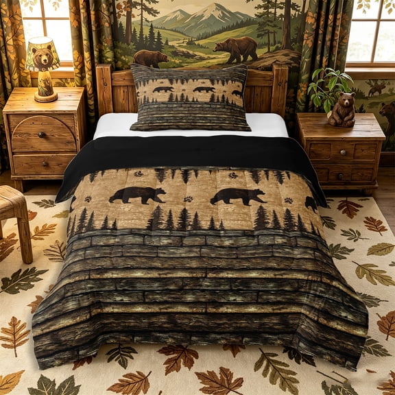 Castle Fairy Vintage Plank Bear Twin Comforter Sets 2pcs,Rustic Cabin Animal Bedding Set,Brown Tan,Black Reversible,1 Comforter and 1 Pillowcase