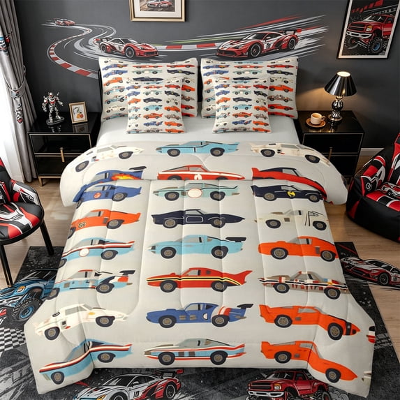Castle Fairy Vintage Racing Car Bedding Comforter Set 7pcs for Teens, Classic Muscle Vehicle Queen Bedding Sets for Bedroom, Red Blue,Grey Reversible