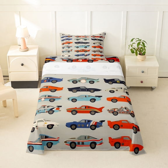 Castle Fairy Vintage Racing Car Twin Sheet Sets 3pcs for Teens, Classic Muscle Vehicle Bedding for Bedroom, Red Blue