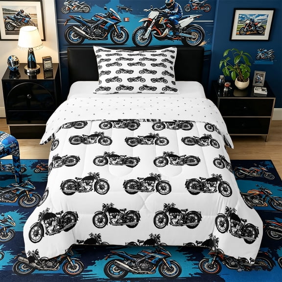 Castle Fairy Vintage Retro Motorcycle Twin Comforter Sets 3-Piece for Adults, Classic Motorbike Bedding Set for Bedroom, Black White