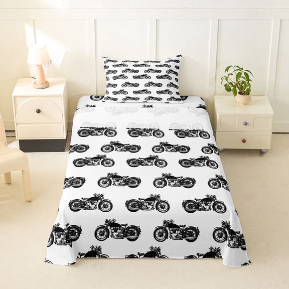 Castle Fairy Vintage Retro Motorcycle Twin Sheet Sets 3pcs for Adults, Classic Motorbike Bedding for Bedroom, Black White