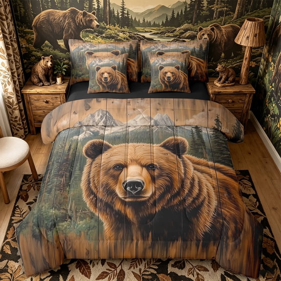 Castle Fairy Vintage Rustic Bear 7-Piece Twin Bedding,Retro Woodland Wildlife Bedding Comforter Set,Natural Brown,Black Reversible