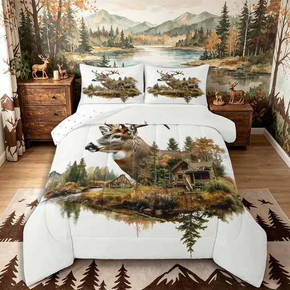 Castle Fairy Vintage Rustic Cabin Deer Full Size Comforter Sets 3-Piece,Autumn Pine Lake Scenery Bedding Comforter Set,Brown Teal White,Reversible,1 Comforter and 2 Pillowcases