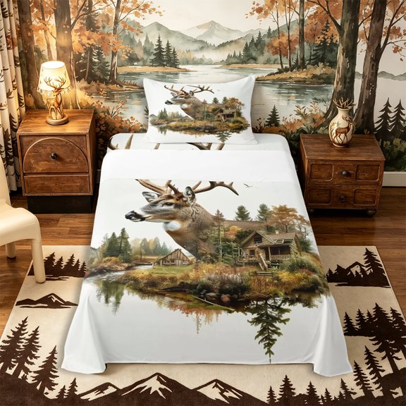 Castle Fairy Vintage Rustic Cabin Deer Twin Sheets 3pcs,Autumn Pine Lake Scenery Bedding,Brown Teal White,1 Fitted Sheet, 1 Flat Sheet and 1 Pillowcase
