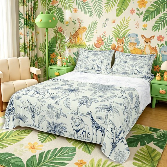 Castle Fairy Vintage Safari Animal Lion Giraffe Bed Sheets 4-Piece,Tropical Palm Leaf Base Full Size Sheets,Navy Off White,1 Fitted Sheet, 1 Flat Sheet and 2 Pillowcases