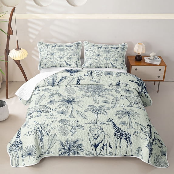 Castle Fairy Vintage Safari Animal Lion Giraffe Quilt Full,Tropical Palm Leaf Base Full Bedspread Sets,Navy Off White