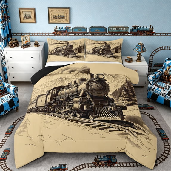Castle Fairy Vintage Sketch Train Full Size Comforter Sets 3 Pieces for Teens, Mountain Landscape Bedding Sets for Bedroom, Beige,Black Reversible