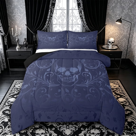 Castle Fairy Vintage Skull King Size Comforter Sets 3pcs,Gothic Scroll Vine Comforters King Size,Navy Blues,1 Comforter and 2 Pillowcases,Black Reversible