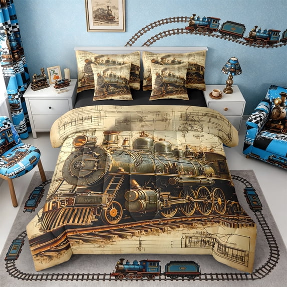 Castle Fairy Vintage Steam Train Bedding Comforter Set 7 Pieces for Boys, Blueprint Print Full Bedding Set for Bedroom, Brown Beige,Black Reversible