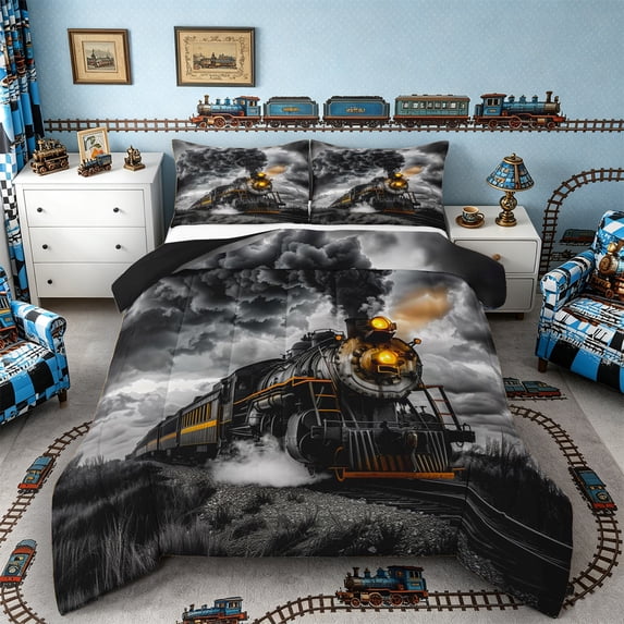 Castle Fairy Vintage Steam Train Full Size Comforter Sets 3 Pieces for Teens, Smoke Cloud Print Bedding Sets for Bedroom, Rust Orange,Black Reversible