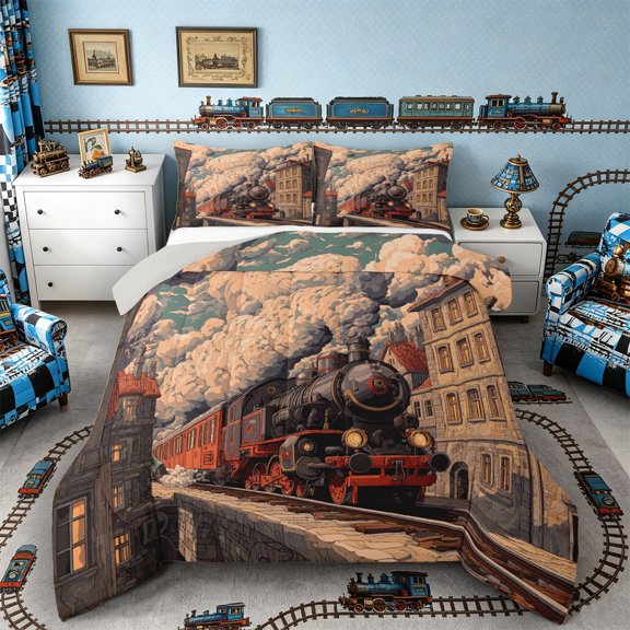 Castle Fairy Vintage Steam Train Queen Comforter Set 3pcs for Teens, Town Cloudscape Bedding Comforter Set for Themed Bedroom, Red Black,Grey Reversible