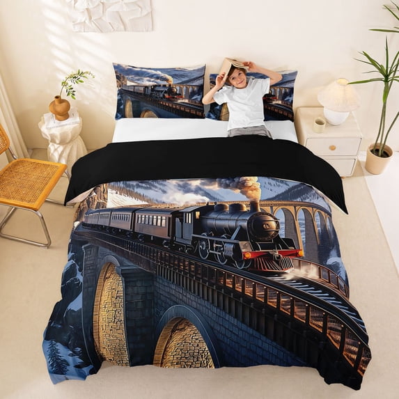 Castle Fairy Vintage Steam Train Queen Duvet Cover Set for Adults, Mountain Print Bedding for Bedroom, Black White,Black Reversible,3-Piece,No Comforter