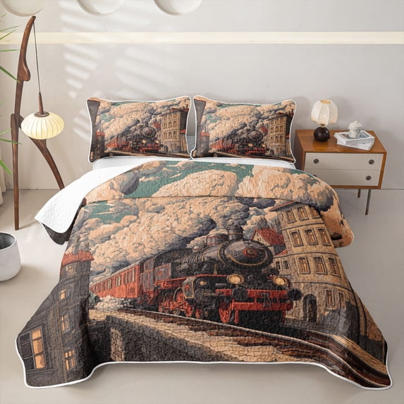 Castle Fairy Vintage Steam Train Quilt Full,Town Cloudscape Full Bedspread Sets for Themed Bedroom,Red Black