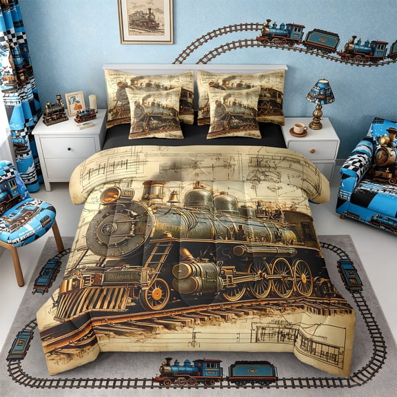 Castle Fairy Vintage Steam Train Twin Bedding Sets 7-Piece for Boys, Blueprint Print Bedding Comforter Set for Bedroom, Brown Beige,Black Reversible