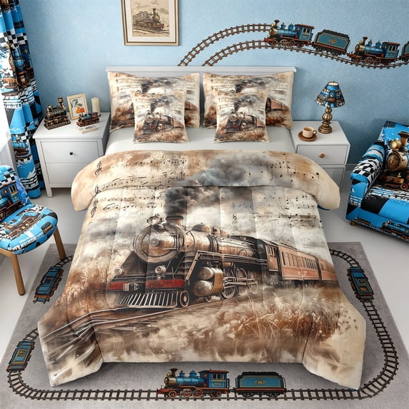 Castle Fairy Vintage Steam Train Twin Bedding Sets 7-Piece for Teens, Music Note Print Bedding Comforter Set for Bedroom, Brown Beige,Grey Reversible