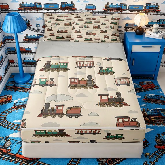 Castle Fairy Vintage Steam Train Zipper Twin Comforter Sets with Fitted Sheet and 2 Pillowcases,Cloudy Railroad Print Zipper Bedding Set for Bedroom,Beige Red Green,4-Piece,Grey Reversible