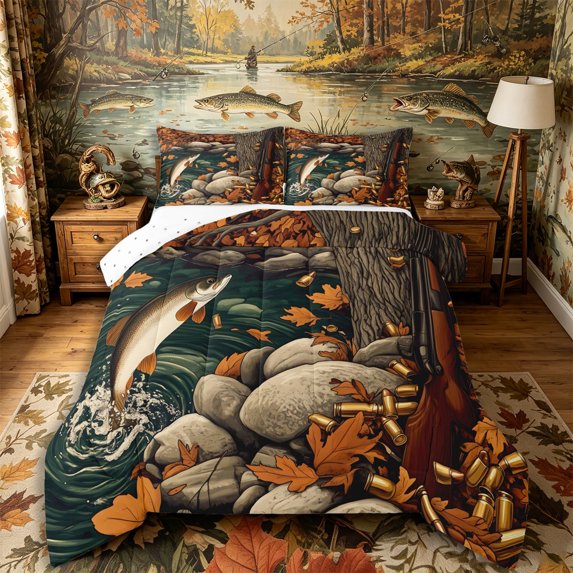 Castle Fairy Vintage Stream Trout Fish King Size Comforter Sets 3pcs,Rustic Shotgun Autumn Scene Comforters King Size,Rust Olive,Reversible,1 Comforter and 2 Pillowcases