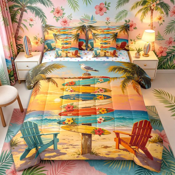 Castle Fairy Vintage Surfboard Sign 7-Piece Twin Bedding,Sunset Palm Coastal Landscape Bedding Comforter Set,Orange Sand,Reversible