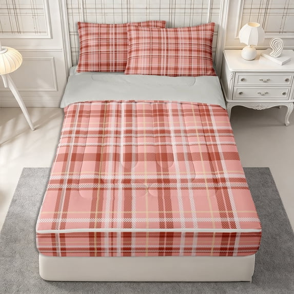 Castle Fairy Vintage Terracotta Tartan Zipper Twin Comforter Sets with Fitted Sheet and 2 Pillowcases,Geometric Woven Line Zipper Bedding Set,Rust Pink White,Reversible