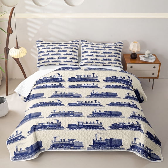Castle Fairy Vintage Train Bed Spread Queen,Navy Pattern Queen Coverlet Set for Bedroom,Navy Beige