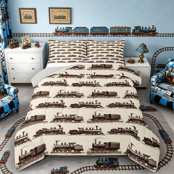 Castle Fairy Vintage Train Full Size Comforter Sets 3 Pieces for Collectors, Sepia Pattern Bedding Sets for Bedroom, Brown Beige,Grey Reversible