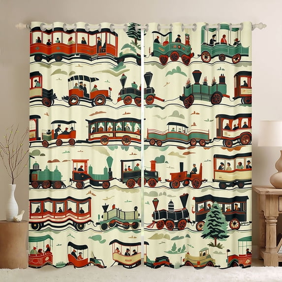 Castle Fairy Vintage Train Set Black Out Curtains for Boys, Retro Carriage Art Curtains Pack of 2 (42x63 Each) for Bedroom, Red Teal