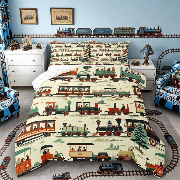 Castle Fairy Vintage Train Set Queen Comforter Set 3pcs for Boys, Retro Carriage Art Bedding Comforter Set for Bedroom, Red Teal