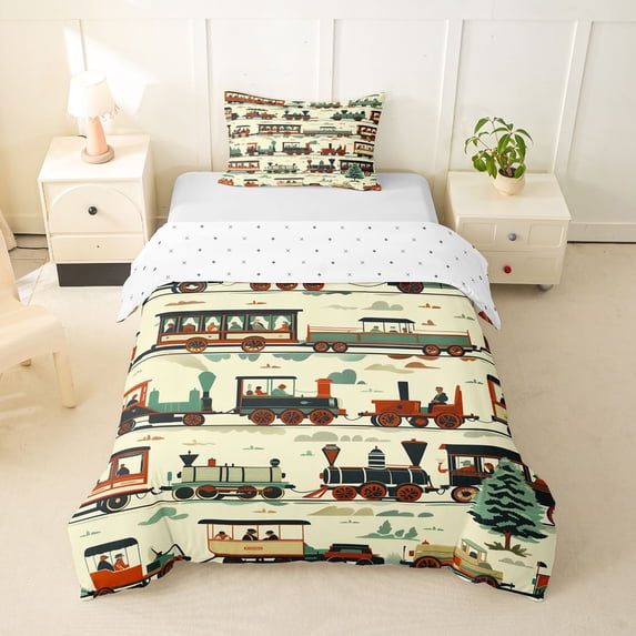 Castle Fairy Vintage Train Set Twin Bedding for Boys, Retro Carriage Art Duvet Cover Set for Bedroom, Red Teal,2pcs,No Comforter