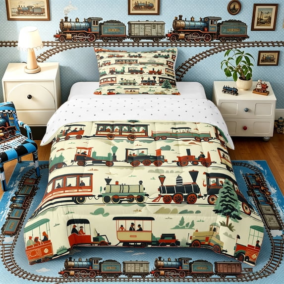 Castle Fairy Vintage Train Set Twin Comforter Sets 3-Piece for Boys, Retro Carriage Art Bedding Set for Bedroom, Red Teal