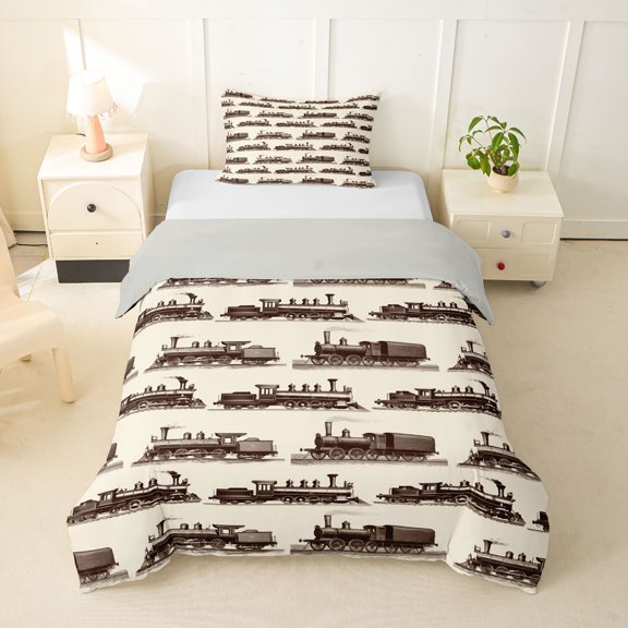 Castle Fairy Vintage Train Twin Bedding for Collectors, Sepia Pattern Duvet Cover Set for Bedroom, Brown Beige,Grey Reversible,2pcs,No Comforter
