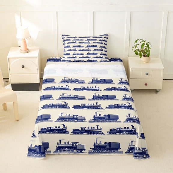 Castle Fairy Vintage Train Twin Sheet Sets 3pcs for Adults, Navy Pattern Bedding for Bedroom, Navy Beige