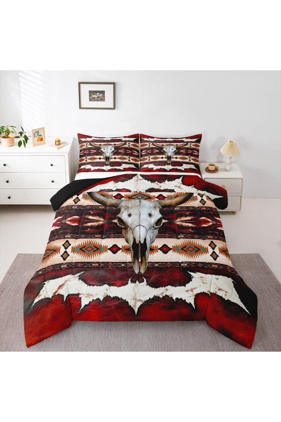 Vintage Tribal Aztec Twin Comforter Sets,Western Bull Skull Bedding Set