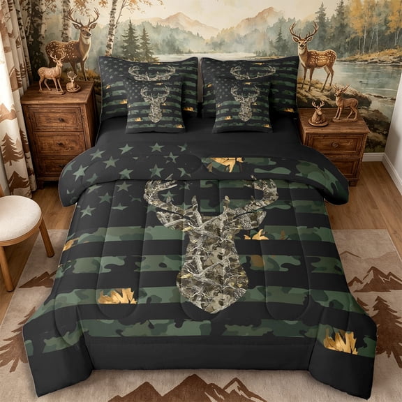 Castle Fairy Vintage USA Flag Camo Deer Queen Bedding 7pcs,Geometric Stripes Bedding Comforter Set Queen,Olive Brown Black,Black Reversible