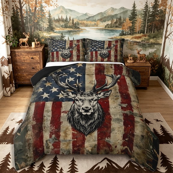 Castle Fairy Vintage USA Flag Deer Full Size Comforter Sets 3-Piece,Retro Jungle Animal Bedding Comforter Set,Red Black Tan,Black Reversible,1 Comforter and 2 Pillowcases