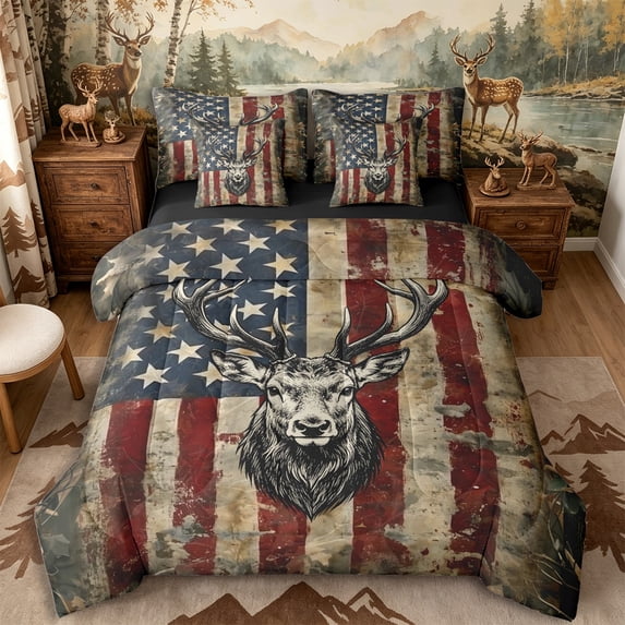 Castle Fairy Vintage USA Flag Deer King Bedding 7pcs,Retro Jungle Animal King Bed in a Bag,Red Black Tan,Black Reversible