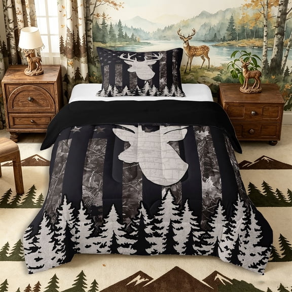 Castle Fairy Vintage USA Flag Deer Twin Comforter Sets 2pcs,Abstract Camo Animal Bedding Set,Black White Gray,Black Reversible,1 Comforter and 1 Pillowcase