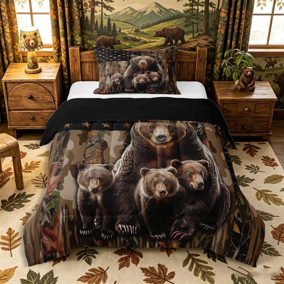 Castle Fairy Vintage USA Flag Twin Comforter Sets 2pcs,Wildlife Bears Bedding Set,Brown Black Tan,Black Reversible,1 Comforter and 1 Pillowcase