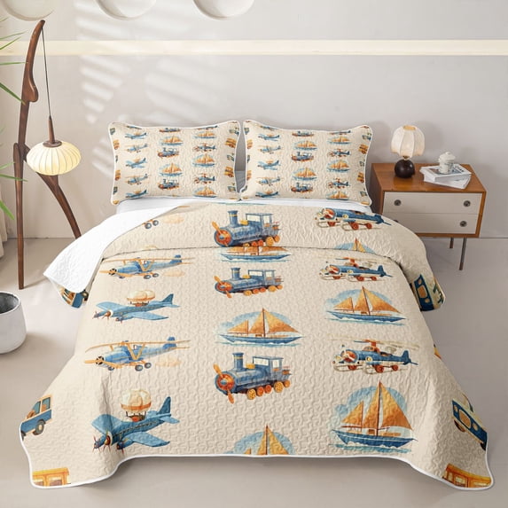 Castle Fairy Vintage Vehicle Twin Quilt Set for Boys,Airplane Pattern Twin Coverlet Set for Bedroom,Blue Orange