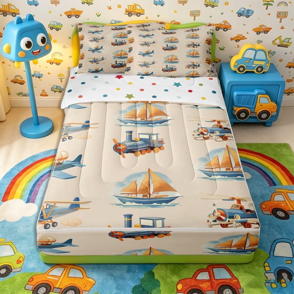 Castle Fairy Vintage Vehicle Zipper Twin Comforter Sets with Fitted Sheet and 2 Pillowcases for Boys,Airplane Pattern Zipper Bedding Set for Bedroom,Blue Orange,4-Piece,Reversible