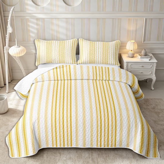 Castle Fairy Vintage Vertical Stripe Bed Spread Queen 3pcs,Abstract Thin Line Queen Coverlet Set,Gold Cream White,1 Quilt and 2 Pillowcases