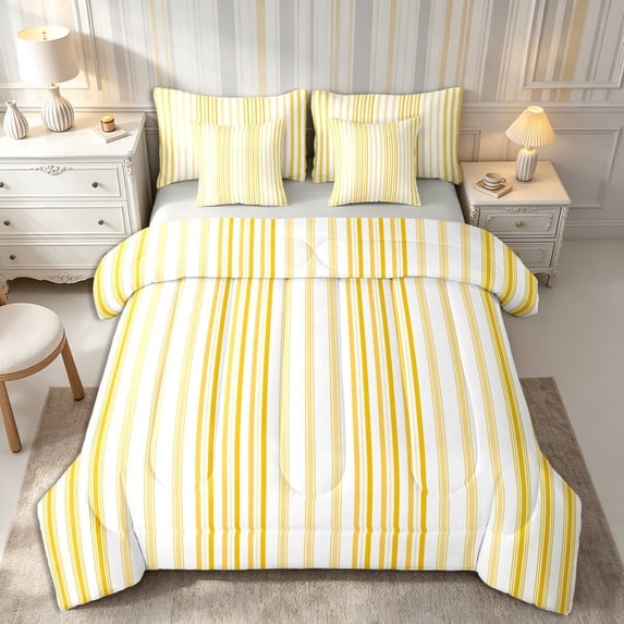 Castle Fairy Vintage Vertical Stripe King Bedding 7pcs,Abstract Thin Line King Bed in a Bag,Gold Cream White,Reversible
